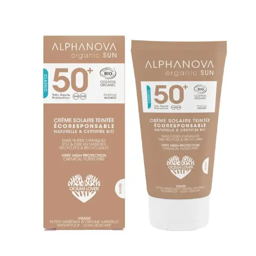[COSM0109006C] Crème Solaire Teintée Dorée Très Haute Protection SPF50+ Bio Sans Parfum 50ml - Alphanova Organic Sun 